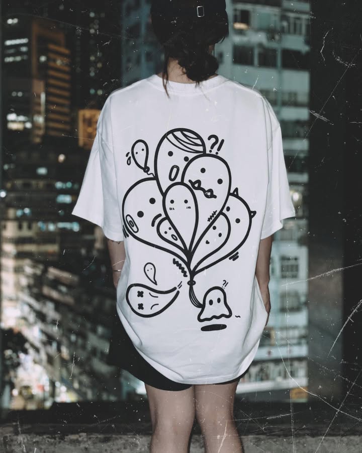 HEAD TRIP | White Cotton Tee with Balloon-Head Doodle