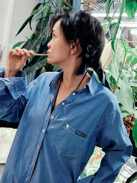 BORROWED BLOOM | Blue Striped Boyfriend Shirt with Bloom Doodle