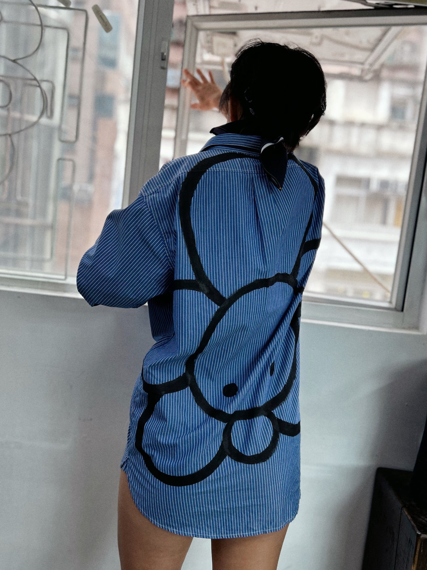 BORROWED BLOOM | Blue Striped Boyfriend Shirt with Bloom Doodle