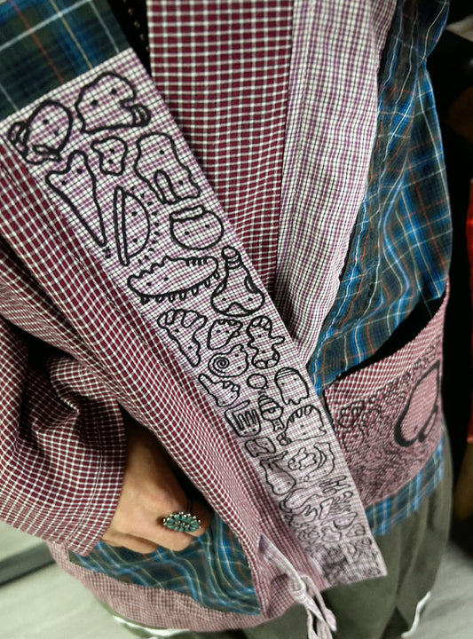 DOODLE MONK | Patchwork Kimono Jacket with Freehand Doodles