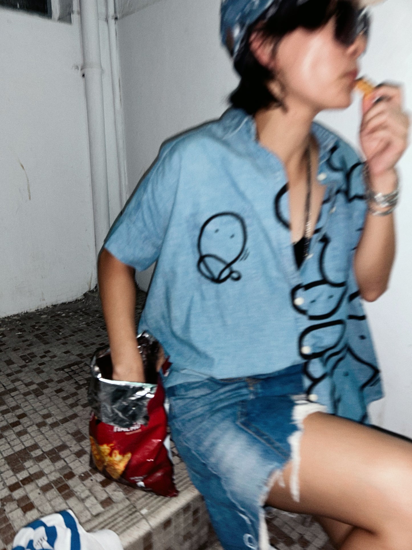 FACE FLOW | Hand-Drawn Doodle Denim Shirt