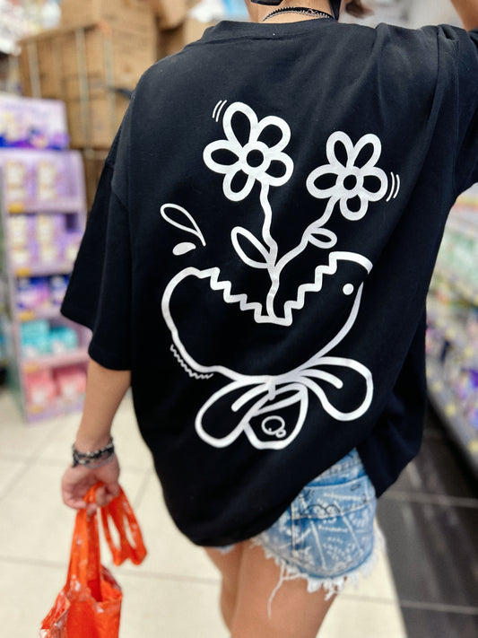 BLOOM FIEND | Black Cotton Tee with Flower-Chomp Doodle