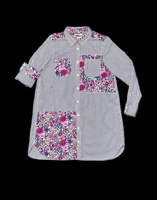 MISPLACED BLOOM | Patchworked Stripe Longline Shirt with Oversized Doodle Back