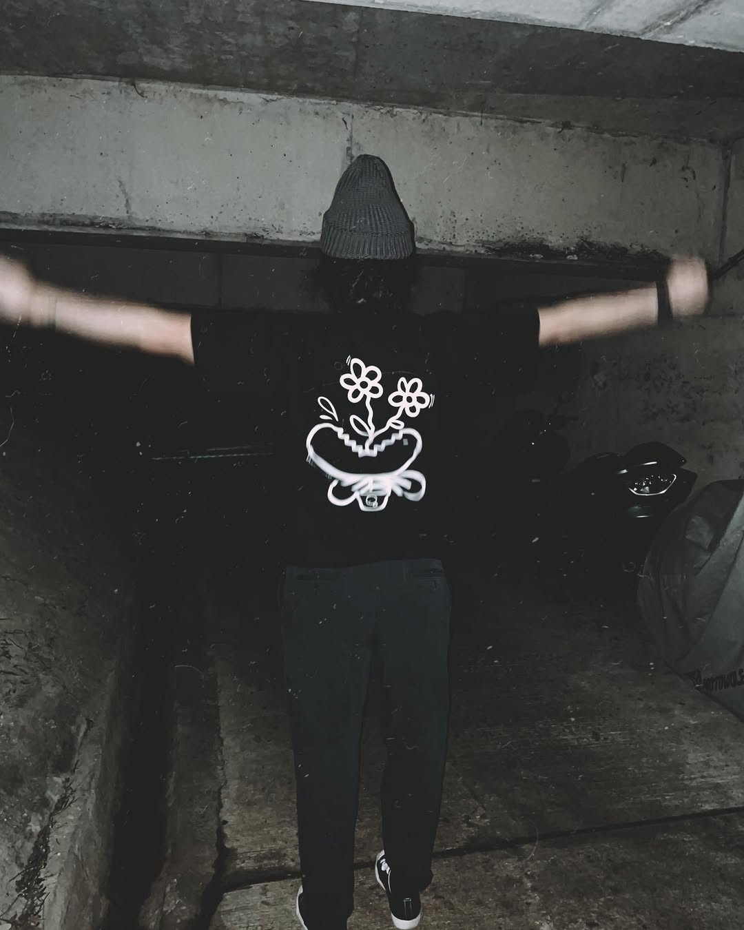 BLOOM FIEND | Black Cotton Tee with Flower-Chomp Doodle