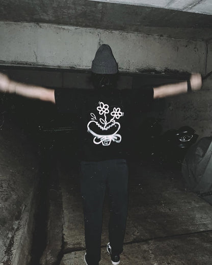 BLOOM FIEND | Black Cotton Tee with Flower-Chomp Doodle