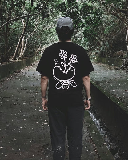 BLOOM FIEND | Black Cotton Tee with Flower-Chomp Doodle