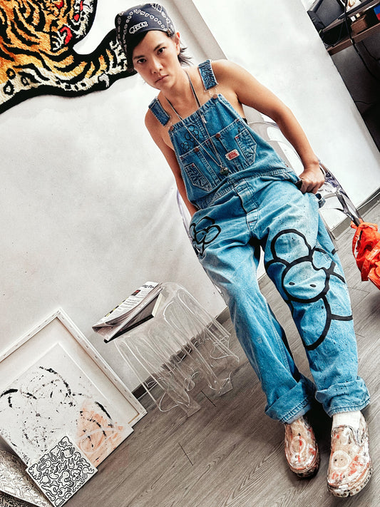 STREET GARDEN | Hand-Doodled Denim Overalls with Flower Art