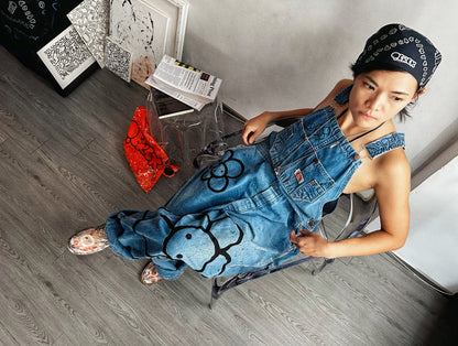STREET GARDEN | Hand-Doodled Denim Overalls with Flower Art