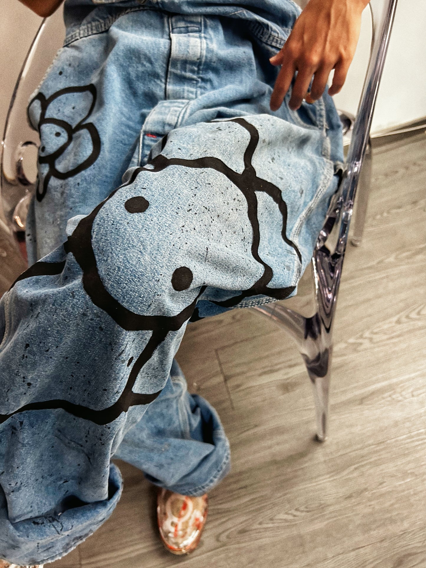 STREET GARDEN | Hand-Doodled Denim Overalls with Flower Art