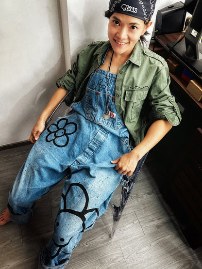 STREET GARDEN | Hand-Doodled Denim Overalls with Flower Art