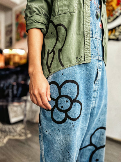 STREET GARDEN | Hand-Doodled Denim Overalls with Flower Art