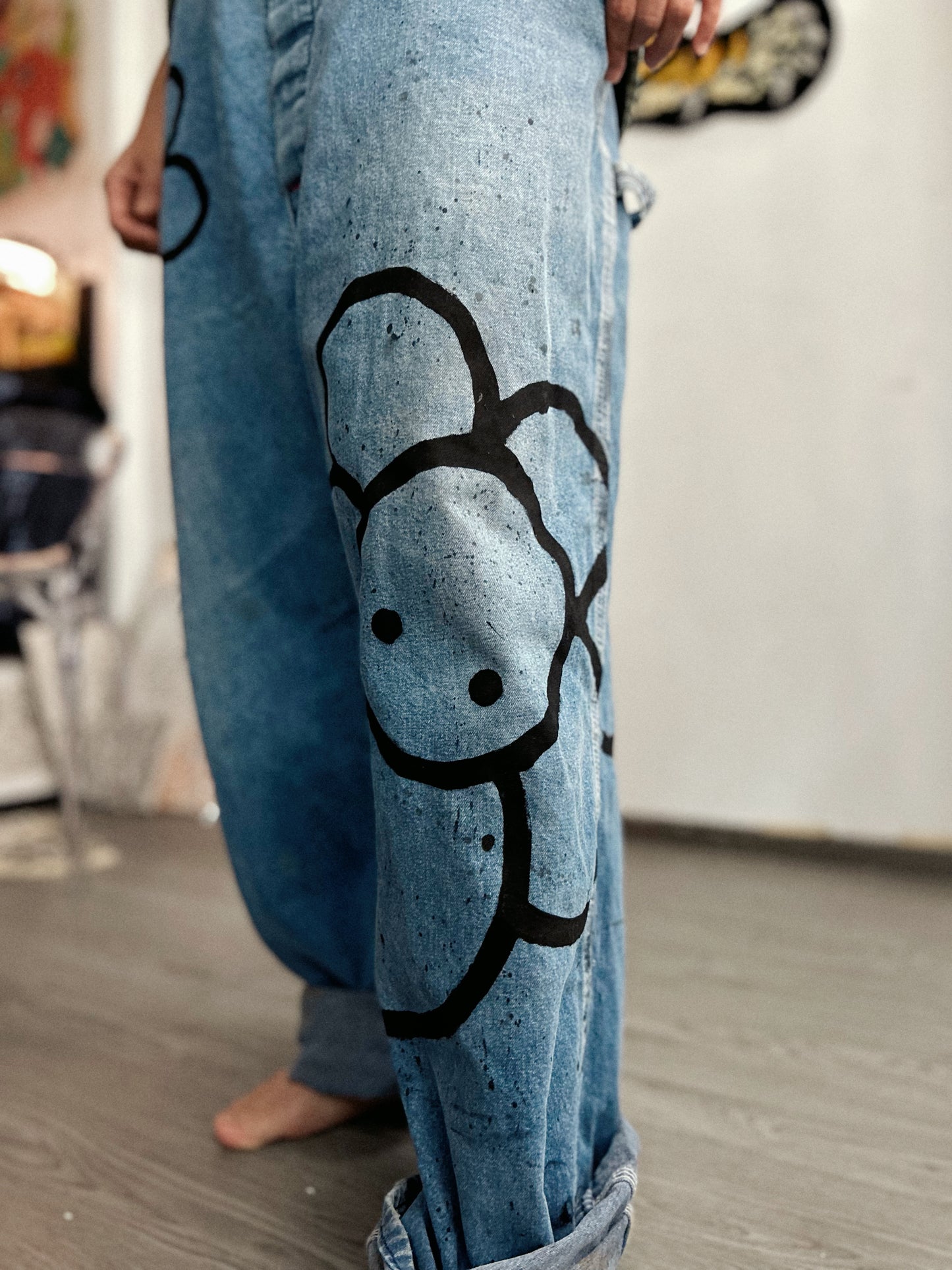 STREET GARDEN | Hand-Doodled Denim Overalls with Flower Art