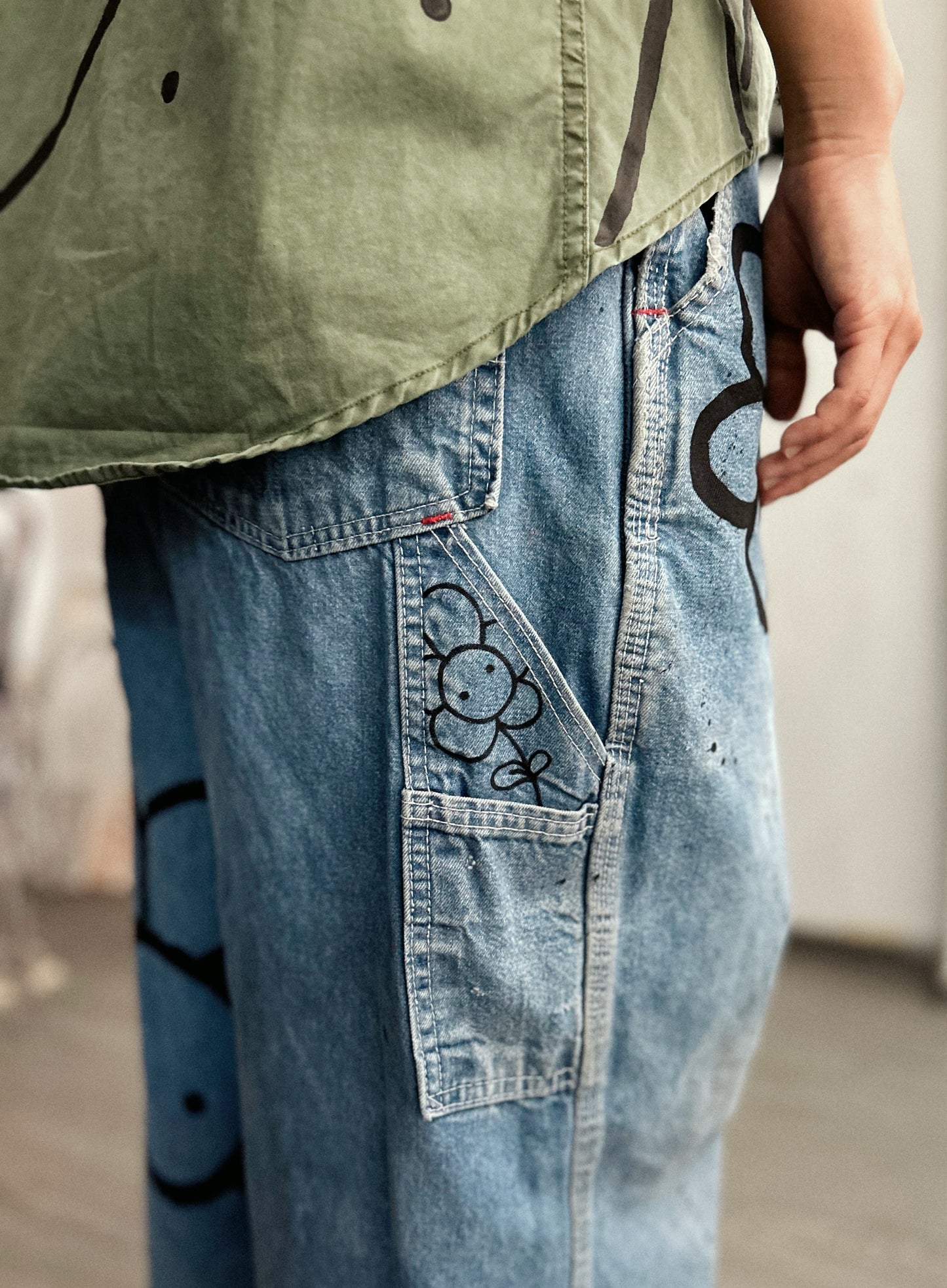 STREET GARDEN | Hand-Doodled Denim Overalls with Flower Art