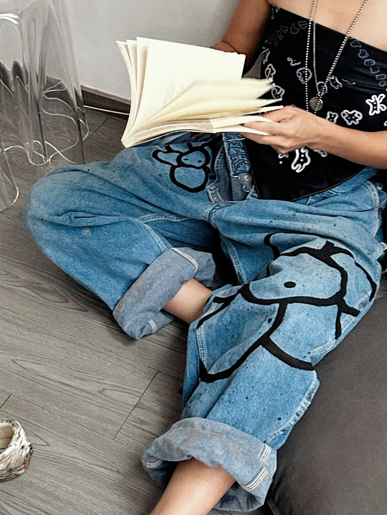 STREET GARDEN | Hand-Doodled Denim Overalls with Flower Art