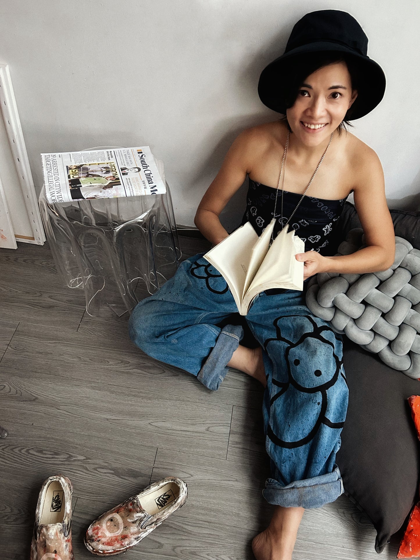 STREET GARDEN | Hand-Doodled Denim Overalls with Flower Art