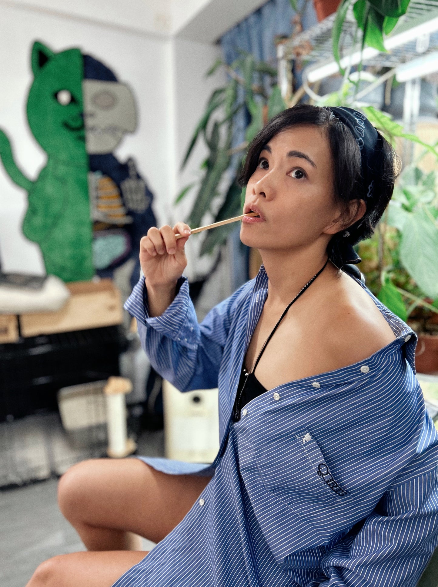 BORROWED BLOOM | Blue Striped Boyfriend Shirt with Bloom Doodle
