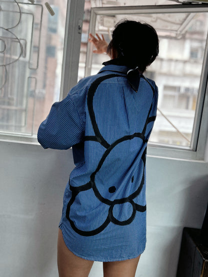 BORROWED BLOOM | Blue Striped Boyfriend Shirt with Bloom Doodle