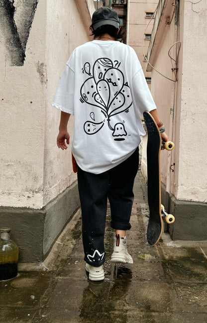 HEAD TRIP | White Cotton Tee with Balloon-Head Doodle