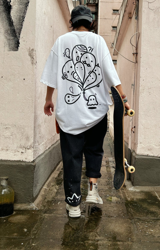 HEAD TRIP | White Cotton Tee with Balloon-Head Doodle