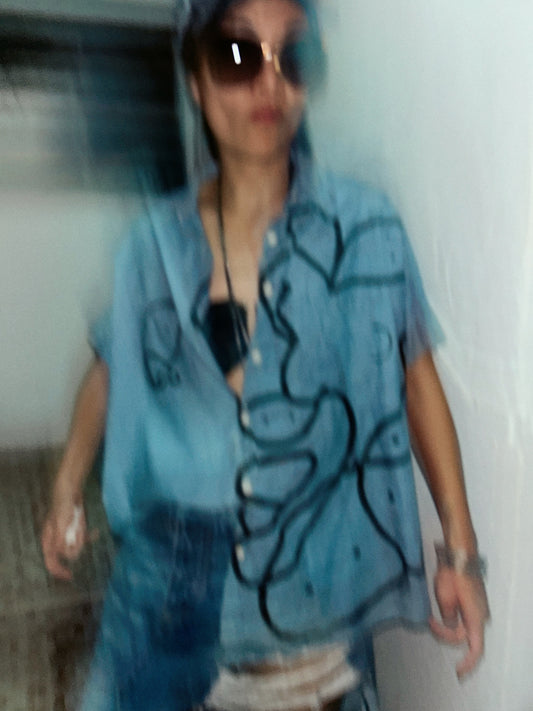 FACE FLOW | Hand-Drawn Doodle Denim Shirt