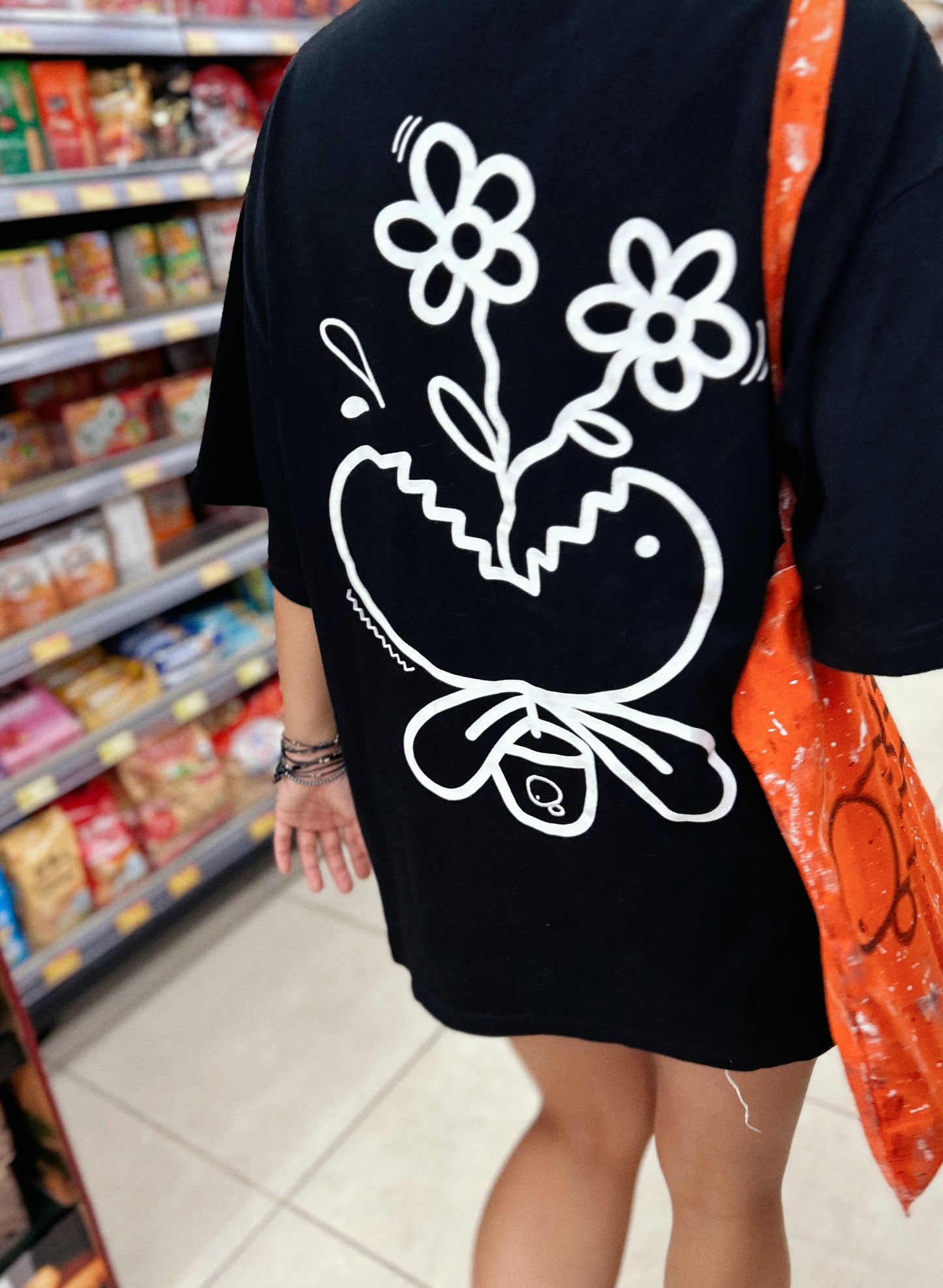 BLOOM FIEND | Black Cotton Tee with Flower-Chomp Doodle
