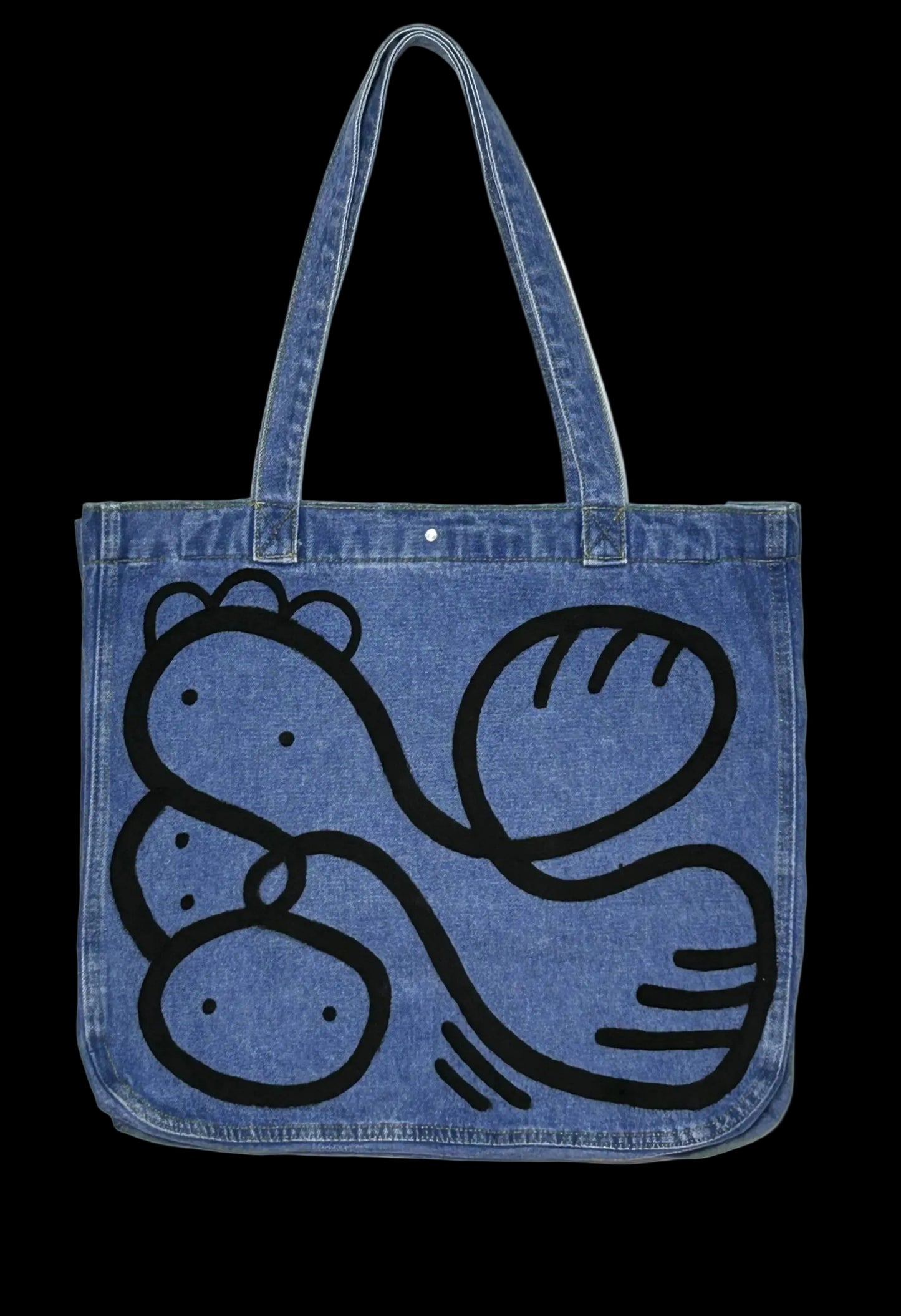HELD STRANGE | Hand-Doodled Denim Shoulder Tote with Reclining Creature