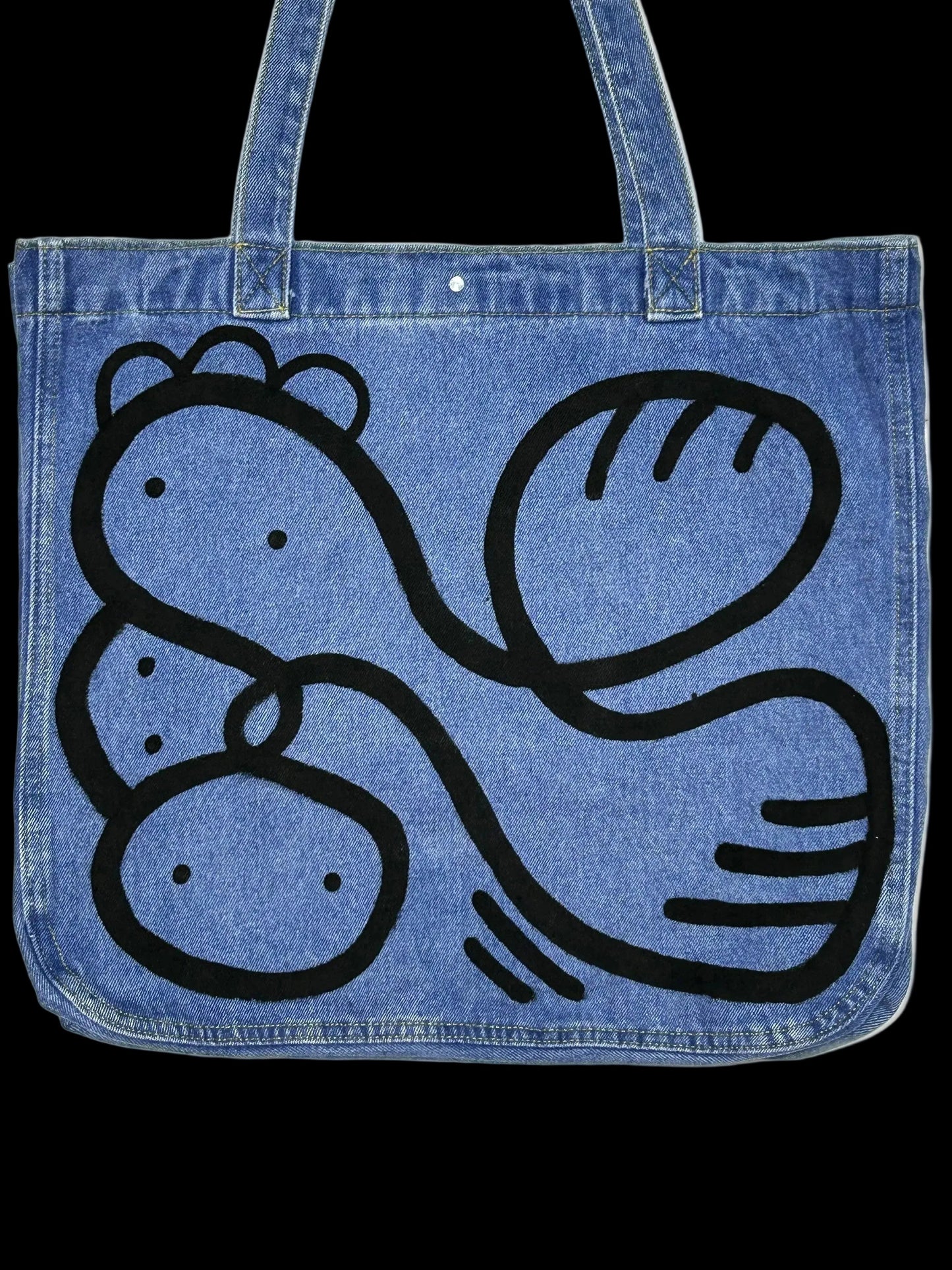 HELD STRANGE | Hand-Doodled Denim Shoulder Tote with Reclining Creature