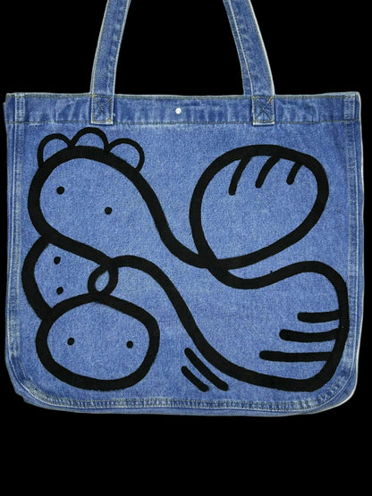 HELD STRANGE | Hand-Doodled Denim Shoulder Tote with Reclining Creature