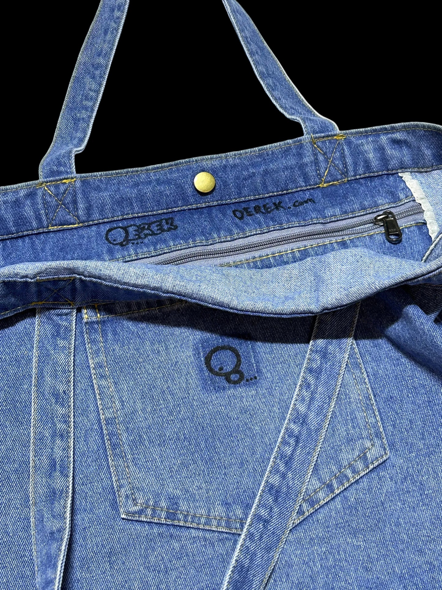 HELD STRANGE | Hand-Doodled Denim Shoulder Tote with Reclining Creature