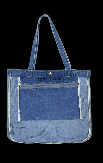 HELD STRANGE | Hand-Doodled Denim Shoulder Tote with Reclining Creature