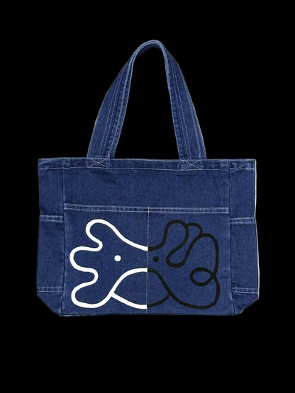 HALF / WHOLE | Denim Tote with Yin-Yang Creature Drawing