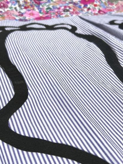 MISPLACED BLOOM | Patchworked Stripe Longline Shirt with Oversized Doodle Back