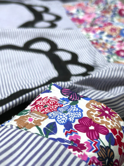MISPLACED BLOOM | Patchworked Stripe Longline Shirt with Oversized Doodle Back