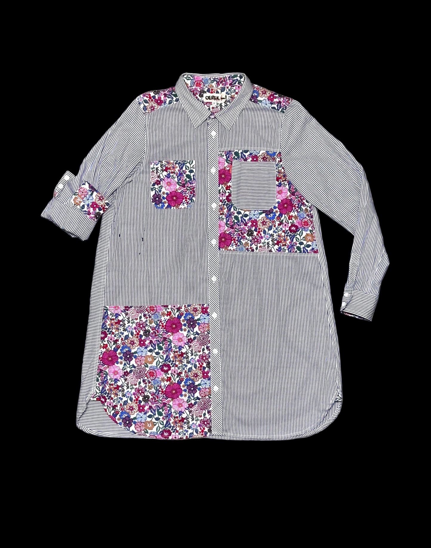 MISPLACED BLOOM | Patchworked Stripe Longline Shirt with Oversized Doodle Back