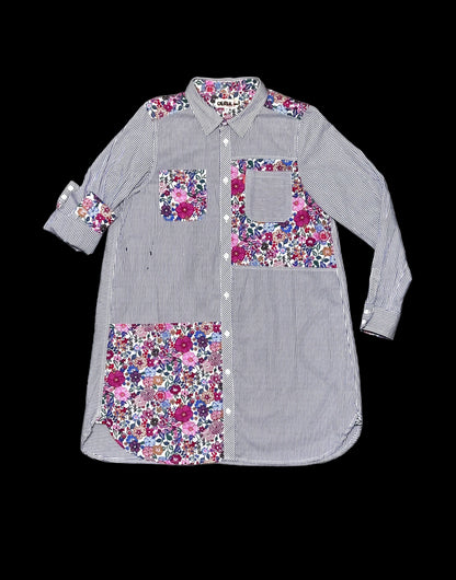 MISPLACED BLOOM | Patchworked Stripe Longline Shirt with Oversized Doodle Back