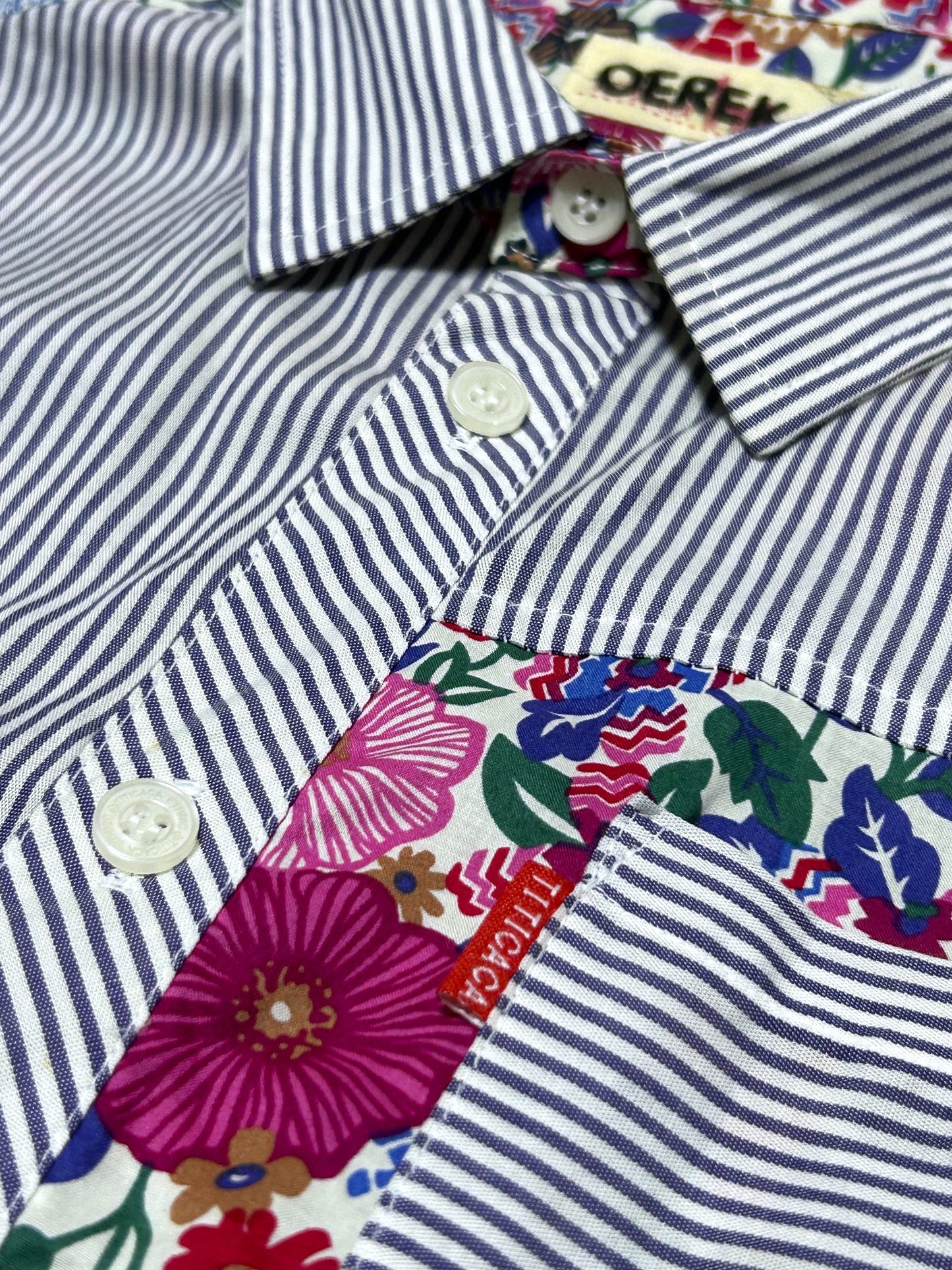 MISPLACED BLOOM | Patchworked Stripe Longline Shirt with Oversized Doodle Back
